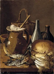 Nature morte avec harengs, oignons, pain et ustensiles de cuisine