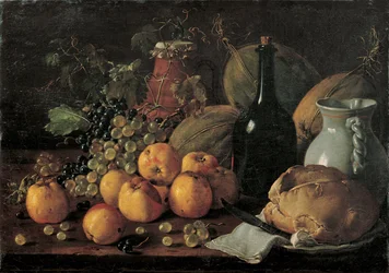 Nature morte avec pommes, raisins, melons, pain, cruche et bouteille