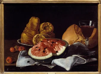 Pastèque, pain, gâteau et coupe de vin. Peinture de Luis Melendez (1716 - 1780), école espagnole