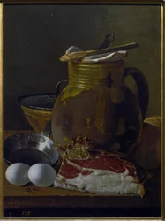 Nature morte avec jambon, œufs et récipients