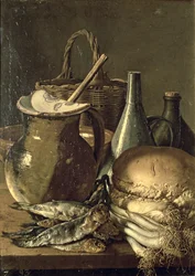 Nature morte avec poisson, poireaux et pain