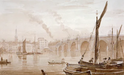 Vue du pont de Blackfriars depuis la rive du Surrey, avec des bateaux au premier plan, Londres, vers 1825