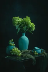 Nature morte aux tons bleu sarcelle mélancoliques