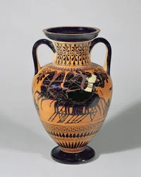 Amphore attique à figures noires représentant un char à roues, 520-500 av. J.-C.