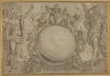 Apollon, Diane et le temps avec les vicissitudes cycliques de la vie humaine, vers 1561 (plume et encre brune avec lavis gris sur traces de graphite, incisé pour transfert sur papier vergé)