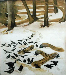 Oiseaux se nourrissant dans la neige