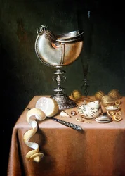 Nature morte avec une coupe de nautile, un citron pelé et des noix