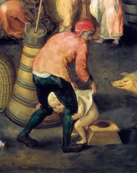 Intérieur de maison flamande. Un homme tient un petit garçon sur le pot