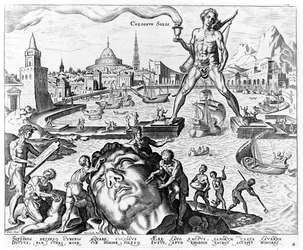 Le Colosse de Rhodes, planche 4 des Huit Merveilles du monde, gravé par Philips Galle, 1572
