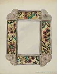 Miroir, encadré de panneaux de papier peint, bordé d
