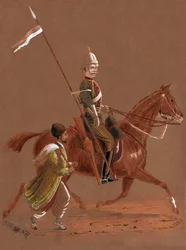 Cavalier des 9e Lanciers chevauchant, avec un soldat afghan courant à côté de son cheval