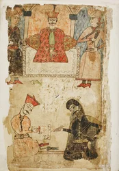 Rustaveli dicte son poème à un chancelier. Illustration du poème Le Chevalier à la peau de panthère de Shota Rustaveli
