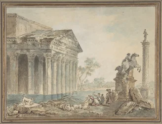 Caprice architectural avec monuments romains et lavandières, n.d.