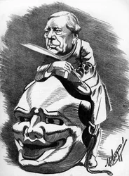 Eugène Labiche (1815-1888), dramaturge français. Caricature par le dessinateur Manuel Luque. Dans "Le Caricature" de 1886