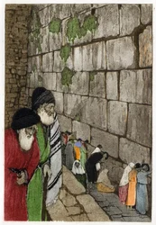 Juifs devant le Mur des Lamentations, seul vestige du Temple de Jérusalem construit par le roi Salomon en -950. Gravure par Manuel Orazi (1860-1934), dans « L