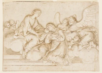 Conception pour une peinture murale monochrome, Église de Corpus Domini, Bologne, Italie, Sainte Caterina Vigri reçoit l