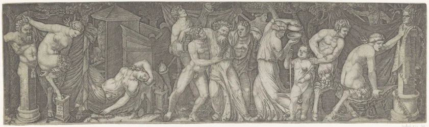 Bacchanale avec Bacchus ivre, satyres et ménades