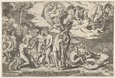 Le Jugement de Pâris : Pâris tend la main vers Vénus, qui se tient entre Junon et..., vers 1520-50