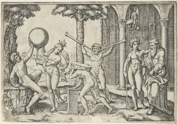 Homme avec deux trompettes et homme avec pierre sur le dos flanqué d