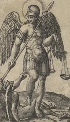 Saint Michel tenant une balance et une lance, un démon sous lui, de la série «P...», vers 1500-1527