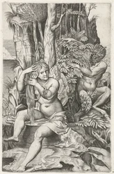 Satyre espionnant une nymphe pendant sa toilette (Pan et Syrinx)
