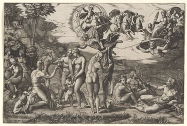 Le Jugement de Pâris : il est assis à gauche avec Vénus, Junon et Pallas Athéna, une victoire ailée au-dessus, vers 1510-20 (gravure)