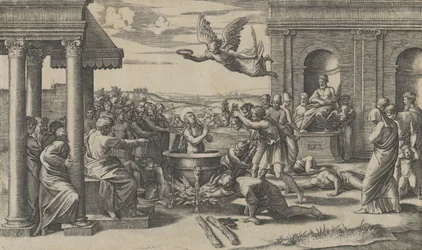 Le martyre de sainte Cécile, debout nue dans un grand chaudron, à gauche sous..., vers 1520-25