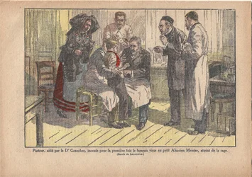 Pasteur, assisté par le Dr Grancher, inocula le fameux virus pour la première fois au petit maître alsacien, infecté par la rage., Le Pèlerin, 5/11/1922