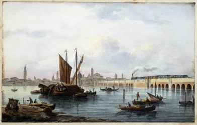 Le Pont sur la lagune dans "Album des principales vues de Venise" dessiné par Marco Moro éd. Gio Brize-Ghel n.d 1840. env.