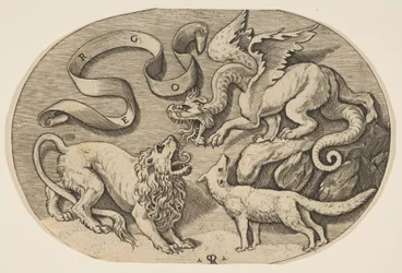 Un lion, un dragon et un renard se battant, une banderole inscrite au-dessus, un ovale, vers 1515-27