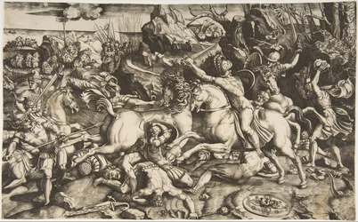Scène de bataille dans un paysage avec des soldats à cheval et plusieurs hommes tombés, autre..., vers 1520