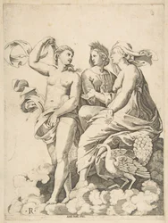 Junon, Cérès et Psyché dans les nuages conversant, Junon assise avec un paon à ses côtés..., vers 1515-27