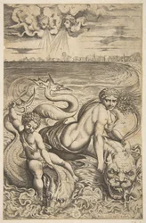 Vénus et Cupidon chevauchant deux monstres marins, Cupidon lève une flèche dans sa main droite