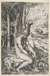 Vénus enlevant une épine de son pied gauche assise sur un tissu à côté des arbres, vers 1515-27
