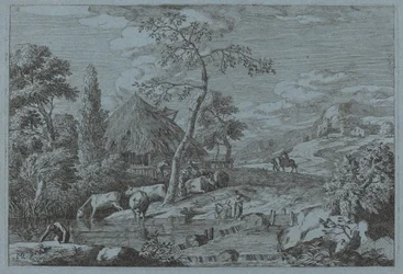 Bétail et figures à un ruisseau de ferme