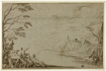 Chasseurs avec chien au bord d