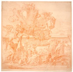 Esquisse de décoration avec un vieil homme symbolisant le temps, un bouclier, un vase, un aigle et plusieurs figures allégoriques
