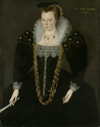 Portrait de Lucy, Lady Reynell de Ford, trois-quarts, en robe sombre avec un col en dentelle blanche et des colliers en or et perles, tenant un éventail dans sa main droite avec une inscription d