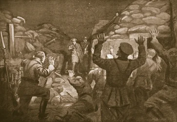 Un officier allemand et quatorze de ses hommes implorent la pitié du lieutenant Leach (lithographie).