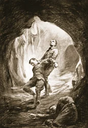 Le soldat Weston secourant un camarade asphyxié par le gaz dans une galerie de mine (litho)
