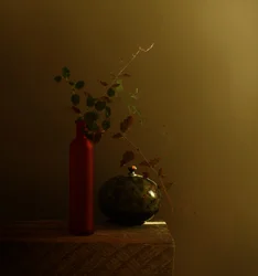 Nature morte à la bouteille rouge foncé