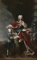 "Victor Amadeus III enfant montre à son père Charles Emmanuel III de Savoie la carte du château de Milan. Portrait de Charles Emmanuel III et Victor Amadeus III de Savoie".