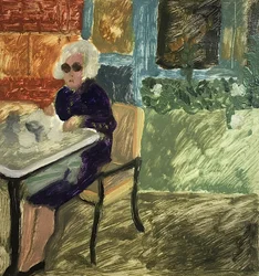 The Lunching Lady ou Déjeuner à Londres, 2019 (huile sur papier)