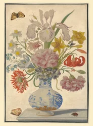 Vase chinois avec iris, lys et œillets. Sur la table, un papillon à gauche et un hanneton à droite