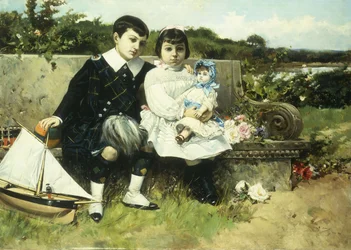 Deux enfants assis sur un banc de parc, 1882