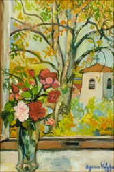 Bouquet de fleurs devant une fenêtre à Saint-Bernard, 1926