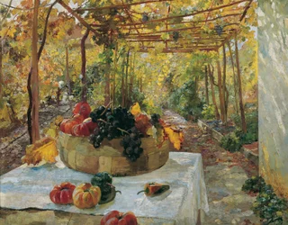 Dans la pergola, vers 1910 (huile sur papier sur carton)