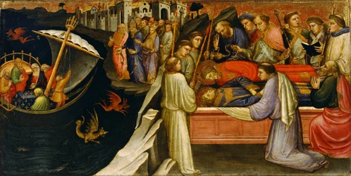 Prédelle du retable représentant la "Biographie de saint Étienne" : voyage transportant le corps de saint Étienne / enterrement conjoint des corps de saint Étienne et de saint Laurentien.