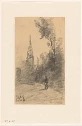 Cavalier et paysage avec arbres et figures