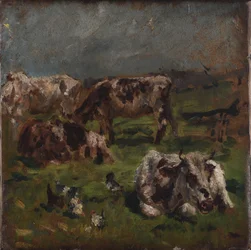 Vaches et poules, vers 1880